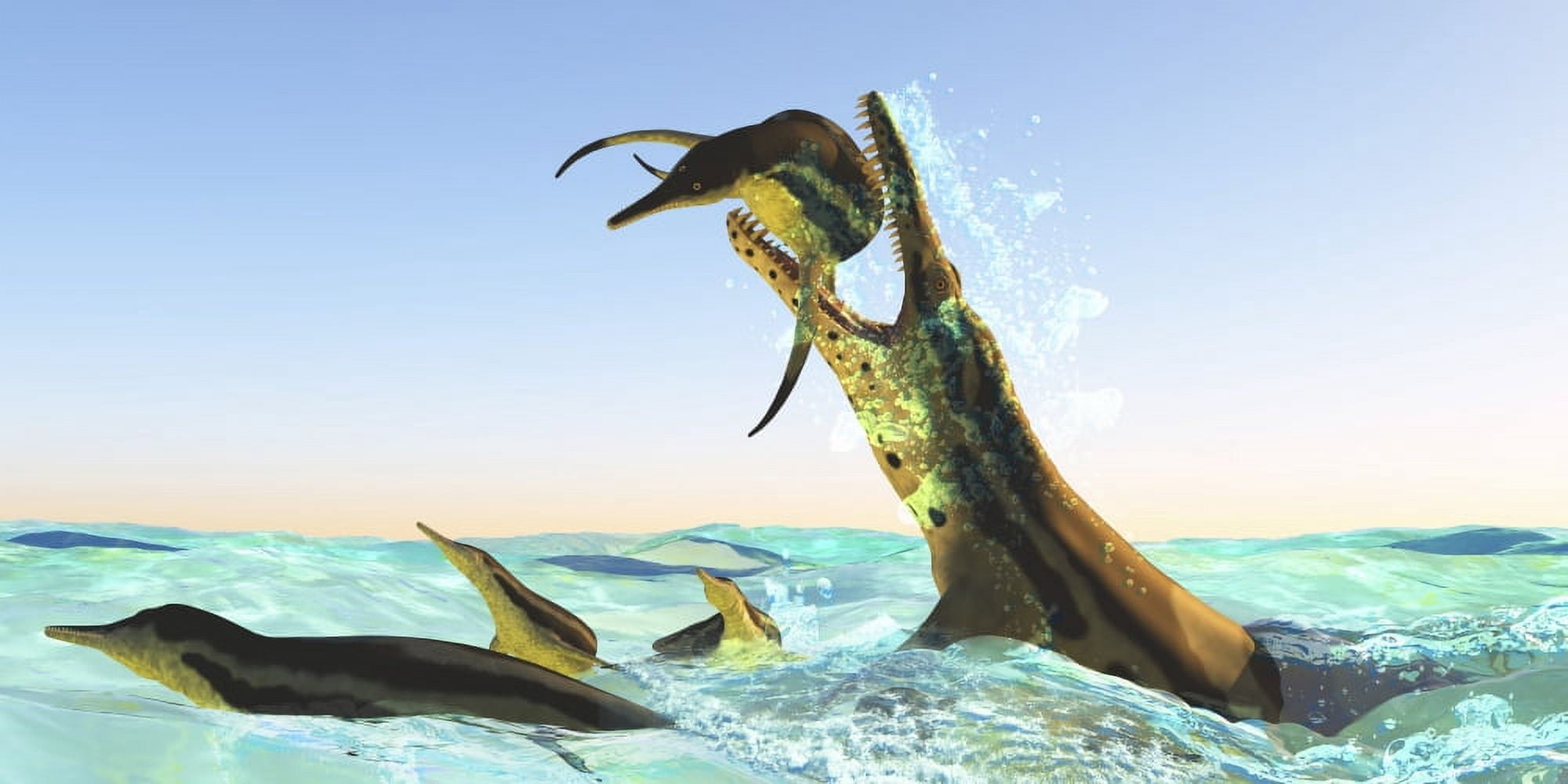 Kronosaurus attacks a pod of Dolichorhynchops in Cretaceous seas Canvas Art - Corey FordStocktrek Images (40 x 20)