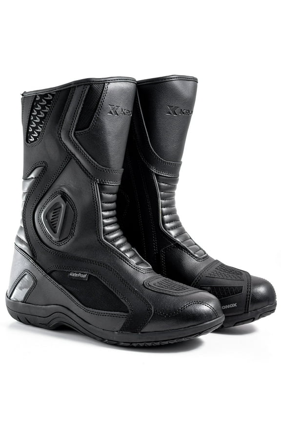 Water-Resistant Motorcycle Touring Boots | Black Syntethic & Real Leather (Mix) | Size 08
