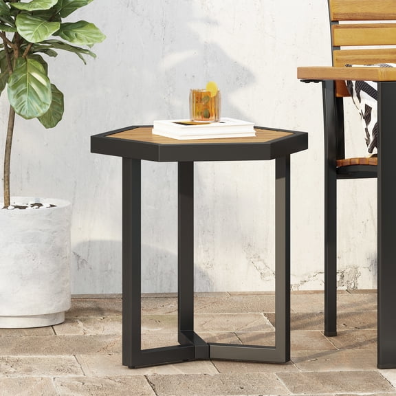 Krosp Acacia Wood Outdoor Side Table, Teak and Black