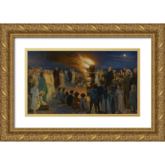 Kroyer, Peder Severin 14x10 Gold Ornate Wood Framed with Double Matting Museum Art Print Titled - Midsummer Eve Bonfire on Skagen Beach