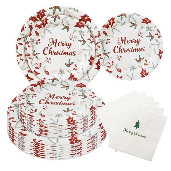 Kroyicegears 75 Pcs Christmas Paper Plates Set for Party, Holiday, Christmas Plates Disposable of 50 Dinner Plates, 25 Napkins