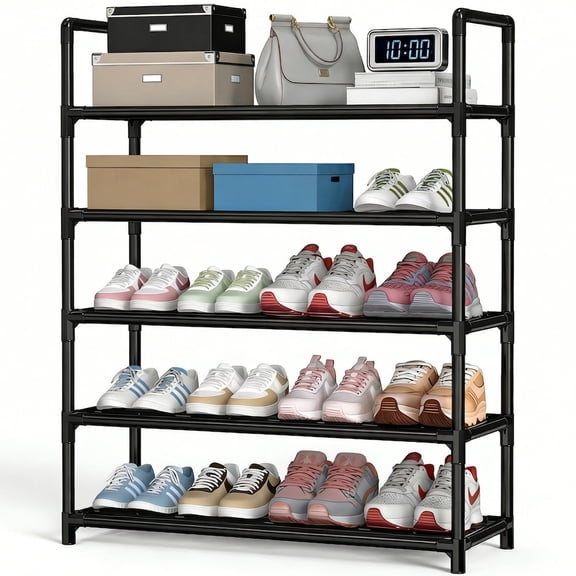 Krpimt 5-Tier Shoe Rack, 31.5" Stackable Shoe Organizer Storage Holds 15-20 Pairs, Metal Shoe Shelf for Entryway Hallway and Closet, Black