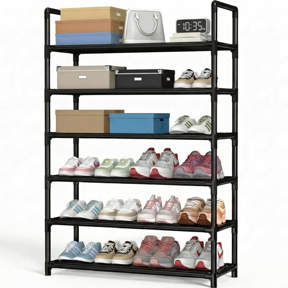 Krpimt 6-Tier Shoe Rack, 31.5" Stackable Shoe Organizer Storage Holds 18-24 Pairs, Metal Shoe Shelf for Entryway Hallway and Closet, Black