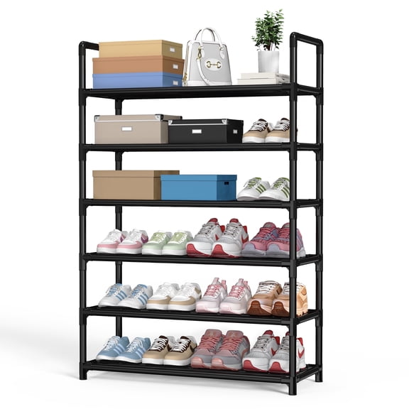 Krpimt 6-Tier Shoe Rack, 31.5" Stackable Shoe Organizer Storage Holds 18-24 Pairs, Metal Shoe Shelf for Entryway Hallway and Closet, Black