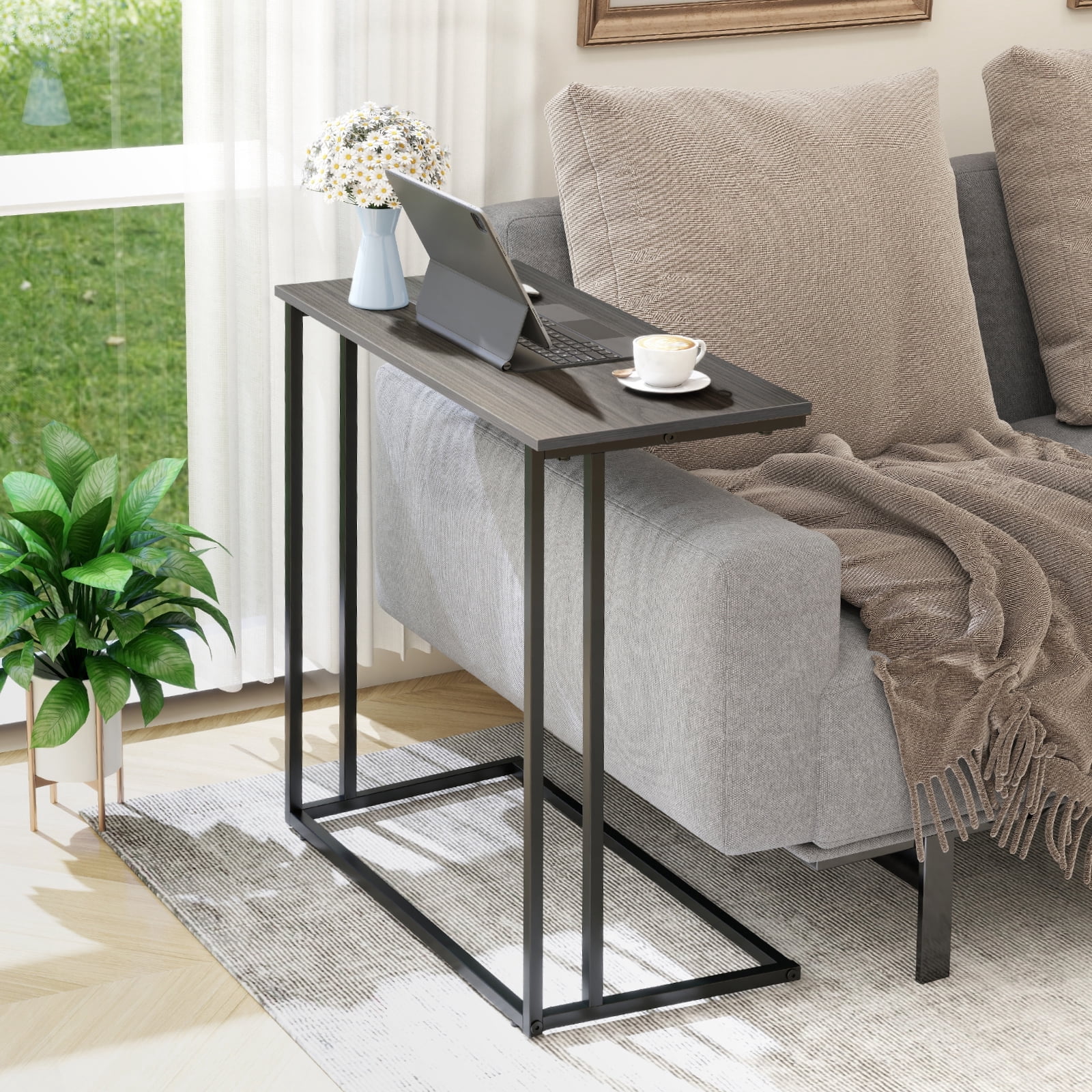 Krpimt C-Shaped End Table for Couch Sofa Side Table with Metal Frame for Bedroom, Living Room, 24.2"x 23.6"x 11.8"(HxWxD), Gray