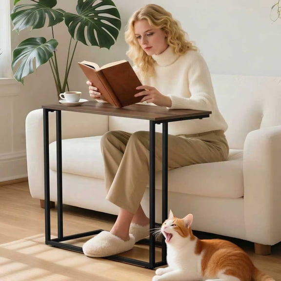 Krpimt C-Shaped End Table for Couch Sofa Side Table with Metal Frame for Bedroom, Living Room, 24.2"x 23.6"x 11.8"(HxWxD),Walnut