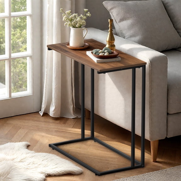 Krpimt C-Shaped End Table for Couch Sofa Side Table with Metal Frame for Bedroom, Living Room, 24.2"x 23.6"x 11.8"(HxWxD),Walnut