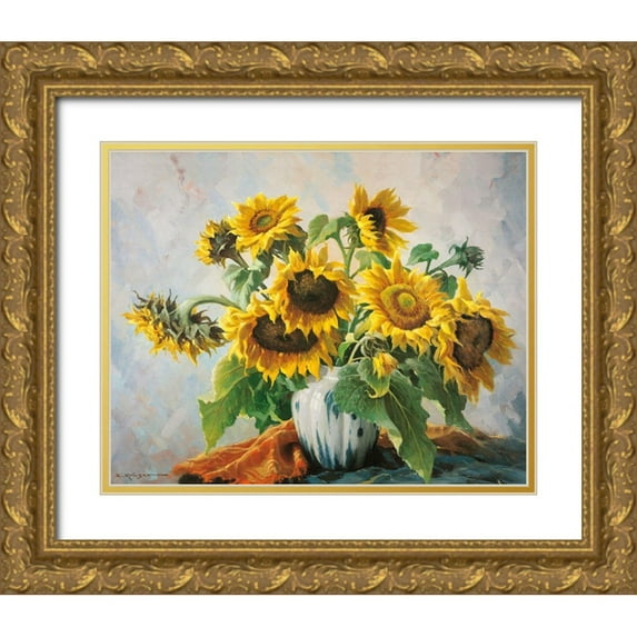 Krueger, E. 14x12 Gold Ornate Wood Framed with Double Matting Museum Art Print Titled - SUNFLOWERS