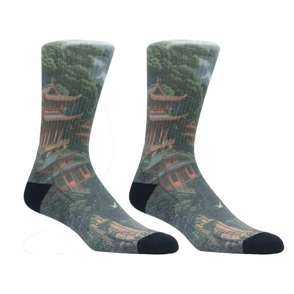 Krumba Men Breathable Hiking Socks: Light Wool Moisture Wicking Printed Calf - Forest Camping Mountain Trekking Outdoor- 2-Pack Pagoda L/XL