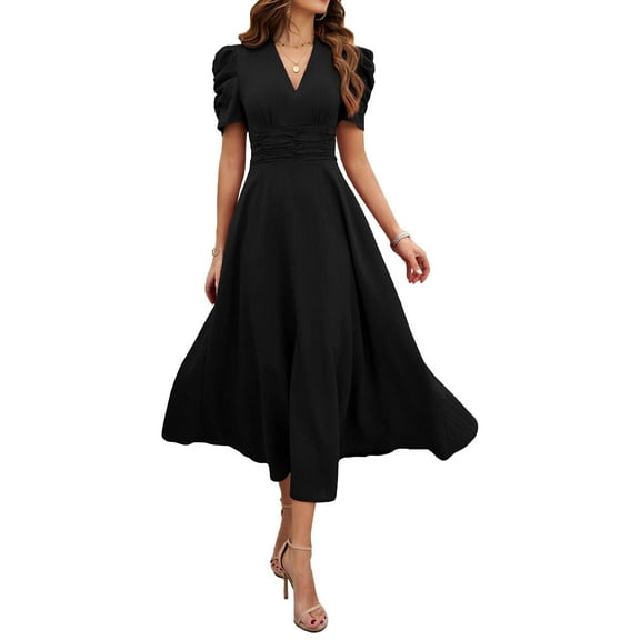 Krumba Summer V-Neck Women Dress: Puff Short Sleeve A-Line Midi - Casual for Beach Party Wedding Guest Black Size L