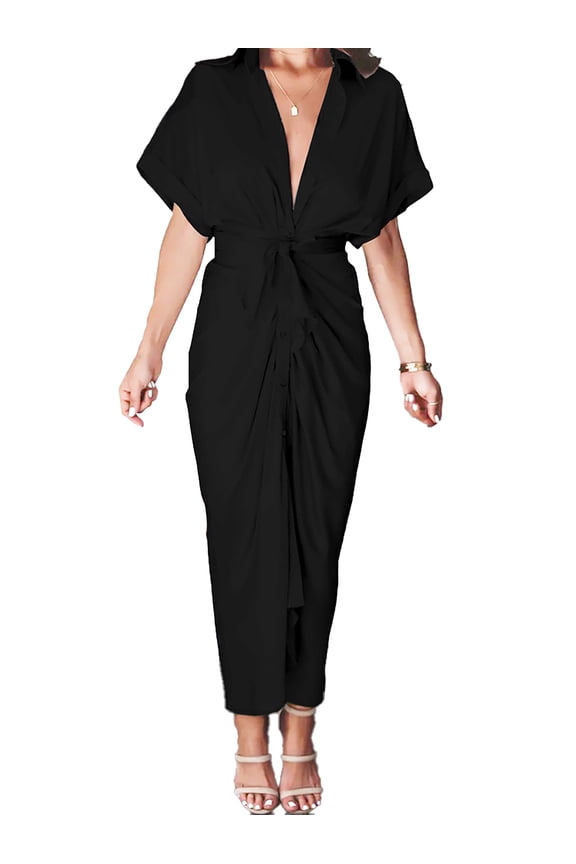 Women Button Down Dress: Summer Casual V - Neck Tie Waist Maxi – Comfort for Beach Party Wedding Outdoor Gatherings Black Size M