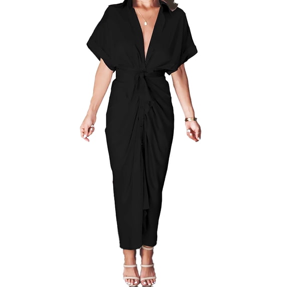 Krumba Women Button Down Dress: Summer Casual V - Neck Tie Waist Maxi – Comfort for Beach Party Wedding Outdoor Gatherings Black Size XL