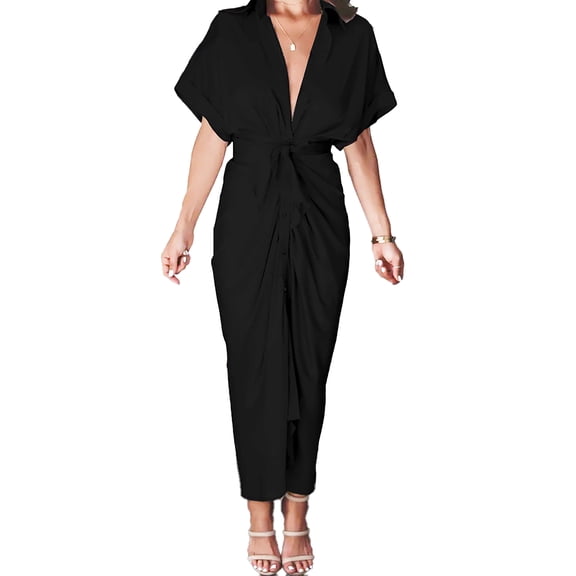 Krumba Women Button Down Dress: Summer Casual V - Neck Tie Waist Maxi – Comfort for Beach Party Wedding Outdoor Gatherings Black Size XL
