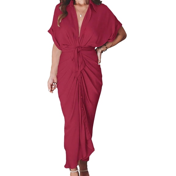 Krumba Women Button Down Dress: Summer Casual V - Neck Tie Waist Maxi – Comfort for Beach Party Wedding Outdoor Gatherings Burgundy Size S