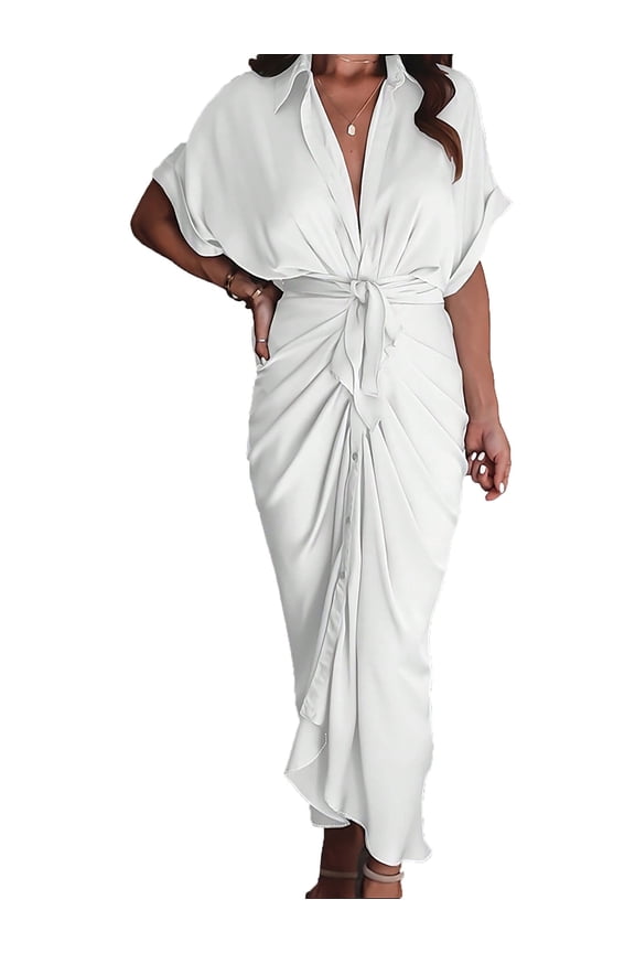 Women Button Down Dress: Summer Casual V - Neck Tie Waist Maxi – Comfort for Beach Party Wedding Outdoor Gatherings White Size L