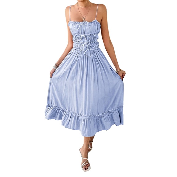 Krumba Women Casual Midi Dress: Summer Strappy Ruffle Waist Maxi – Comfort for Beach Party Vacation Wedding Outdoor Gathering Blue Size L