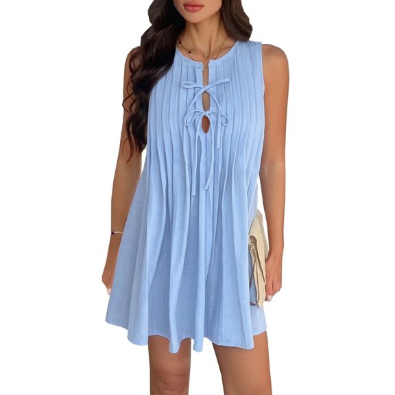 Krumba Women Summer Sleeveless Dress: Keyhole Tie Front Pleated Mini – Casual for ladies 25-35 Vacation Beach Party Wedding Light Blue Size XL
