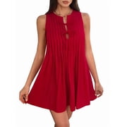 Krumba Women Summer Sleeveless Dress Keyhole Tie Front Pleated Mini   Casual for ladies 25-35 Vacation Beach Party Wedding Red Size XL