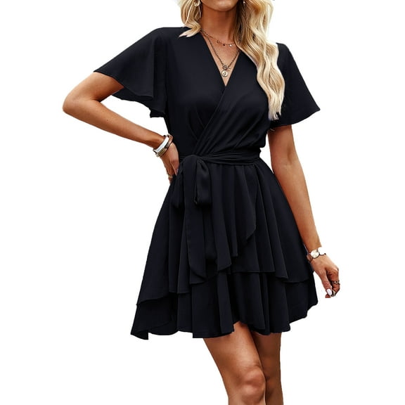 Krumba Women V-Neck Ruffle Dress: Short Sleeve Tie Waist Pleated Mini - Casual for Wedding Guest Beach Summer Party Trip Black Size L