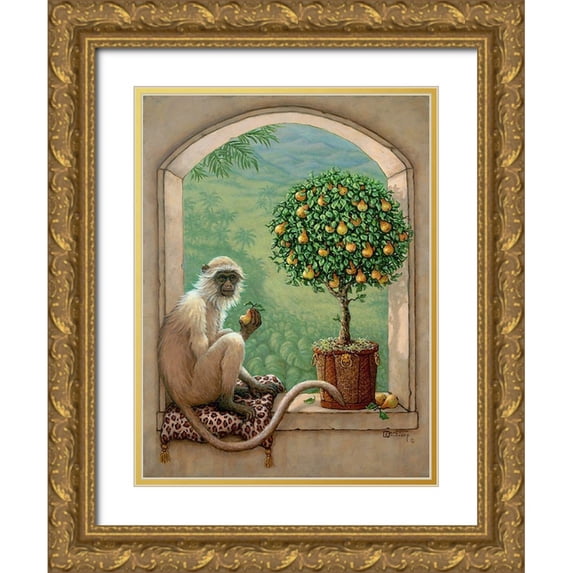 Kruskamp, Janet 15x18 Gold Ornate Wood Framed with Double Matting Museum Art Print Titled - Monkey and Pear Tree