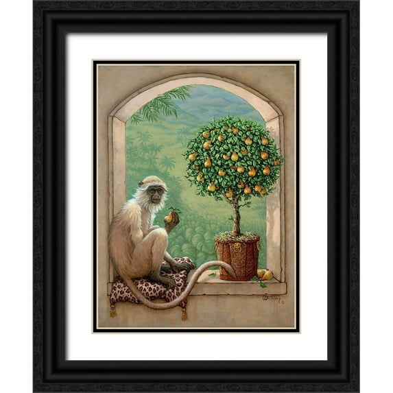 Kruskamp, Janet 25x32 Black Ornate Wood Framed with Double Matting Museum Art Print Titled - Monkey and Pear Tree
