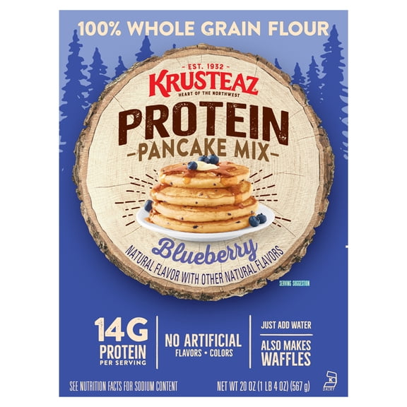 Krusteaz Protein Blueberry Pancake and Waffle Mix, 14g Protein per Serving, 20 oz Box