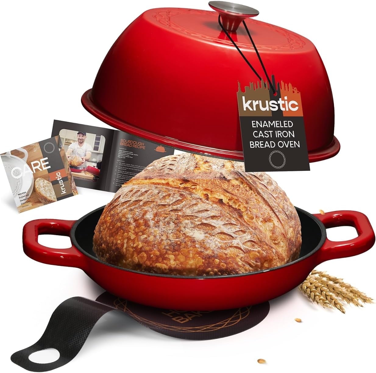 Krustic 6 Qt Enameled Cast Iron Dutch Oven with Lid & Nonstick Baking Mat for Bread Baking