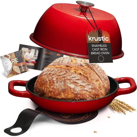 Krustic 6 Qt Enameled Cast Iron Dutch Oven with Lid & Nonstick Baking Mat for Bread Baking
