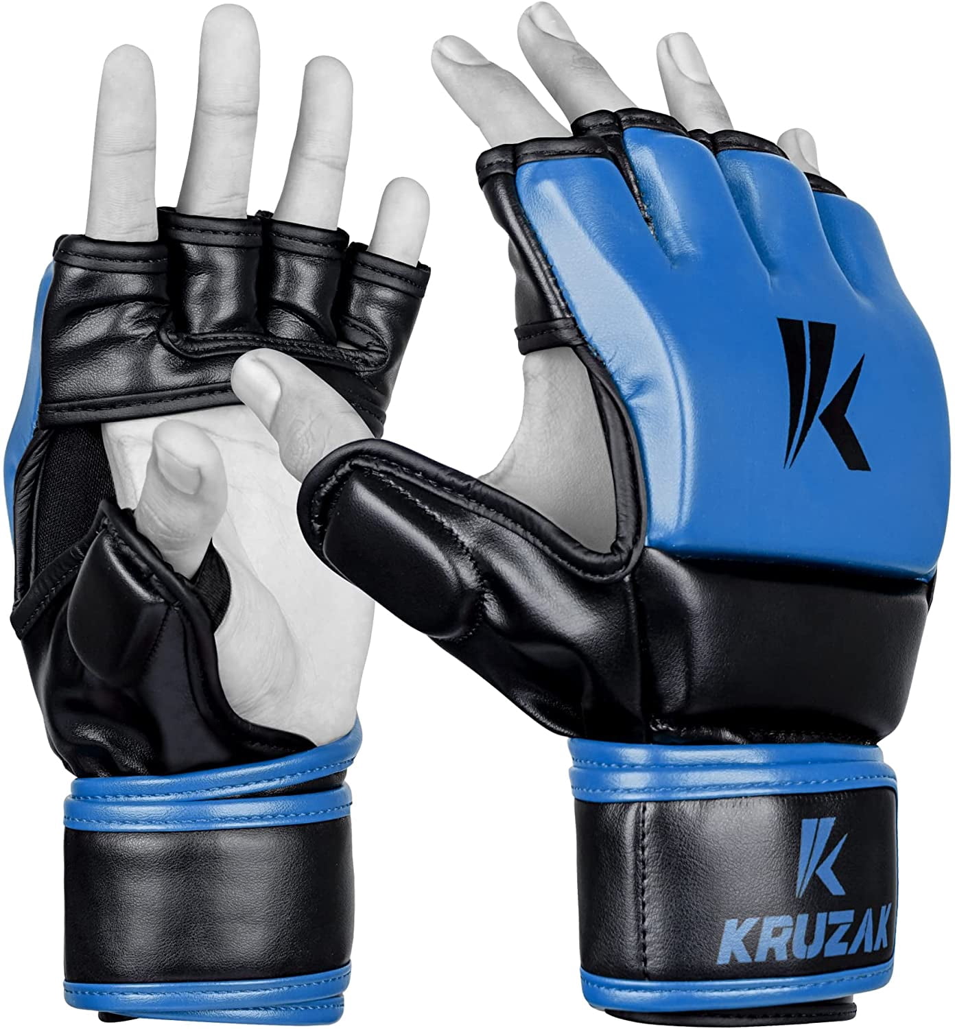 Kruzak MMA Gloves, Men and Women’s Half-Finger Boxing Mitts, Hand Wraps with Open Palms for Grappling, Kickboxing, Sanda, Sparring, Muay Thai (L/XL, Blue)