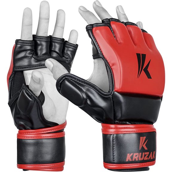 Kruzak MMA Gloves, Men and Women’s Half-Finger Boxing Mitts, Hand Wraps with Open Palms for Grappling, Kickboxing, Sanda, Sparring, Muay Thai (L/XL, Red)