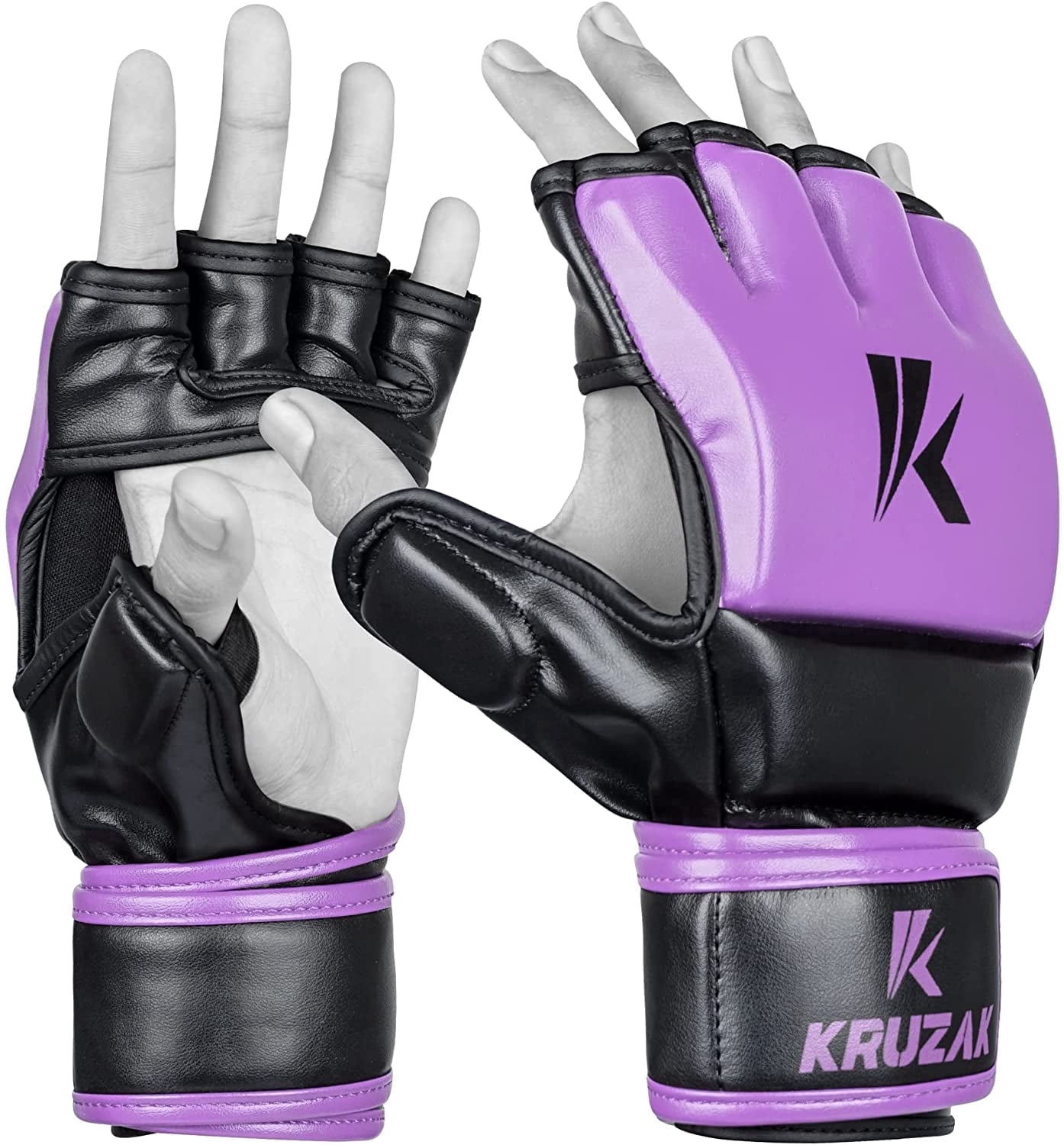 Kruzak Adult Wear-Resistant Half-Finger Synthetic Leather MMA Gloves with Hand Wraps for Kickboxing, Training, Purple, Small/Medium, 2 Piece
