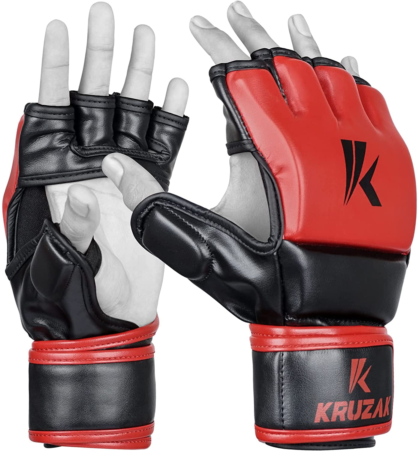 Kruzak MMA Gloves, Men and Women’s Half-Finger Boxing Mitts, Hand Wraps with Open Palms for Grappling, Kickboxing, Sanda, Sparring, Muay Thai (S/M, Red)
