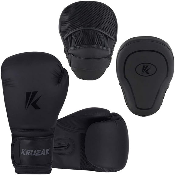 Kruzak Matte Black Boxing Gloves and Focus Mitts Set for Kickboxing and Muay Thai MMA Training - Fitness Kit with Punching Pads for Martial Arts and Karate