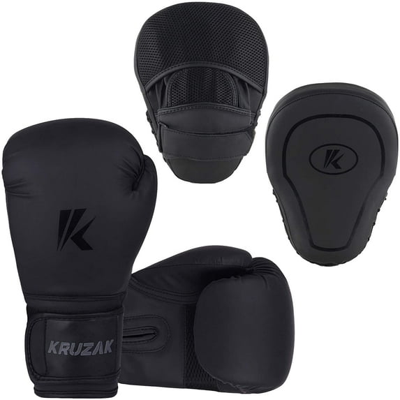 Kruzak Matte Black Boxing Gloves & Focus Pads Set – Adult Training Kit for MMA, Kickboxing & Muay Thai