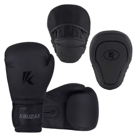 Kruzak Matte Black Boxing Gloves and Pads, Boxing Gloves Training Set for Kickboxing and Muay Thai MMA Training - Boxing Kit for Adults with Punching Pads for Martial Arts and Karate