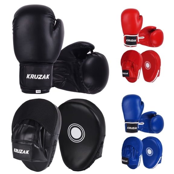 Kruzak Plain Focus Mitts and Boxing Gloves Set for Kickboxing and Muay Thai MMA Training - Fitness Kit with Punching Pads for Martial Arts and Karate (Black, 12 oz)