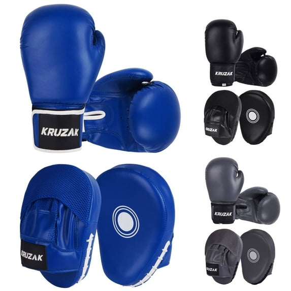 Kruzak Plain Focus Mitts and Boxing Gloves Set for Kickboxing and Muay Thai MMA Training - Fitness Kit with Punching Pads for Martial Arts and Karate (Blue, 14 oz)