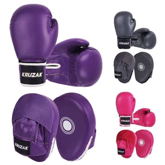 Kruzak Plain Focus Mitts and Boxing Gloves Set for Kickboxing and Muay Thai MMA Training - Fitness Kit with Punching Pads for Martial Arts and Karate (Purple, 16 oz)