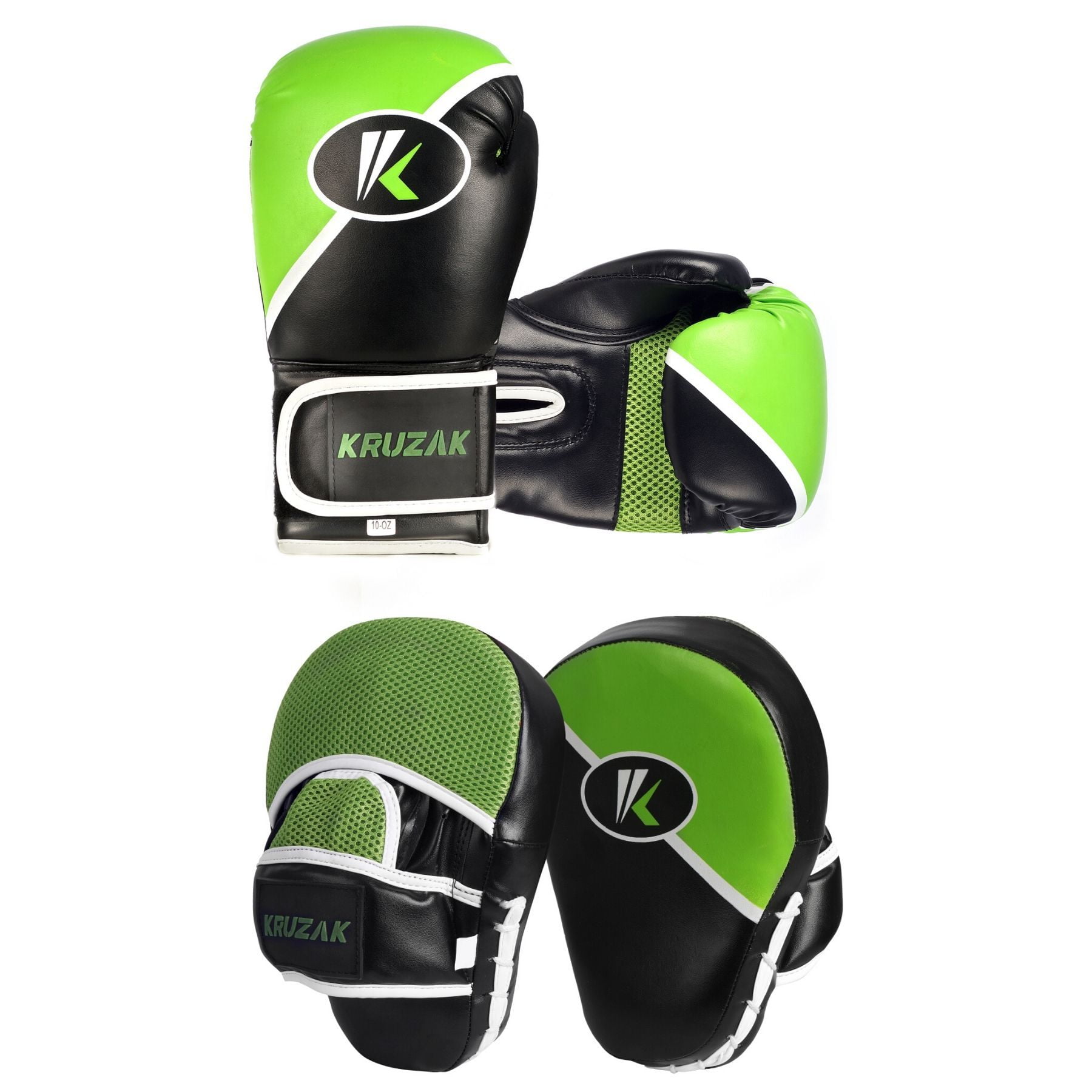 Kruzak Two-Tone Focus Mitts and Boxing Gloves Set for Kickboxing and Muay Thai MMA Training - Fitness Kit with Punching Pads for Martial Arts and Karate (Black/Green, 16 oz)