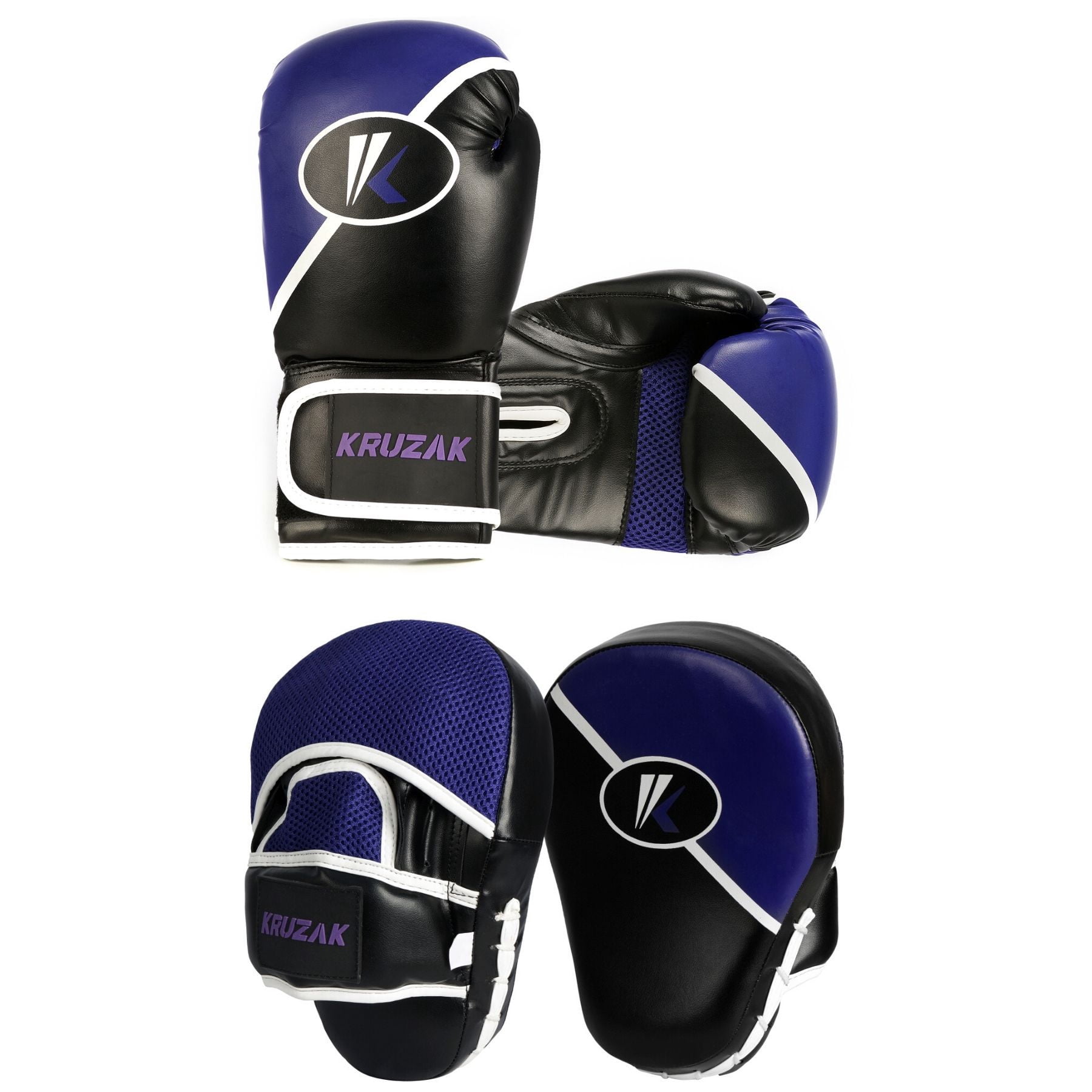 Kruzak Two-Tone Focus Mitts and Boxing Gloves Set for Kickboxing and Muay Thai MMA Training - Fitness Kit with Punching Pads for Martial Arts and Karate (Black/Purple, 16 oz)