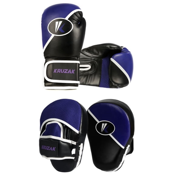 Kruzak Two-Tone Focus Mitts and Boxing Gloves Set for Kickboxing and Muay Thai MMA Training - Fitness Kit with Punching Pads for Martial Arts and Karate (Black/Purple, 16 oz)