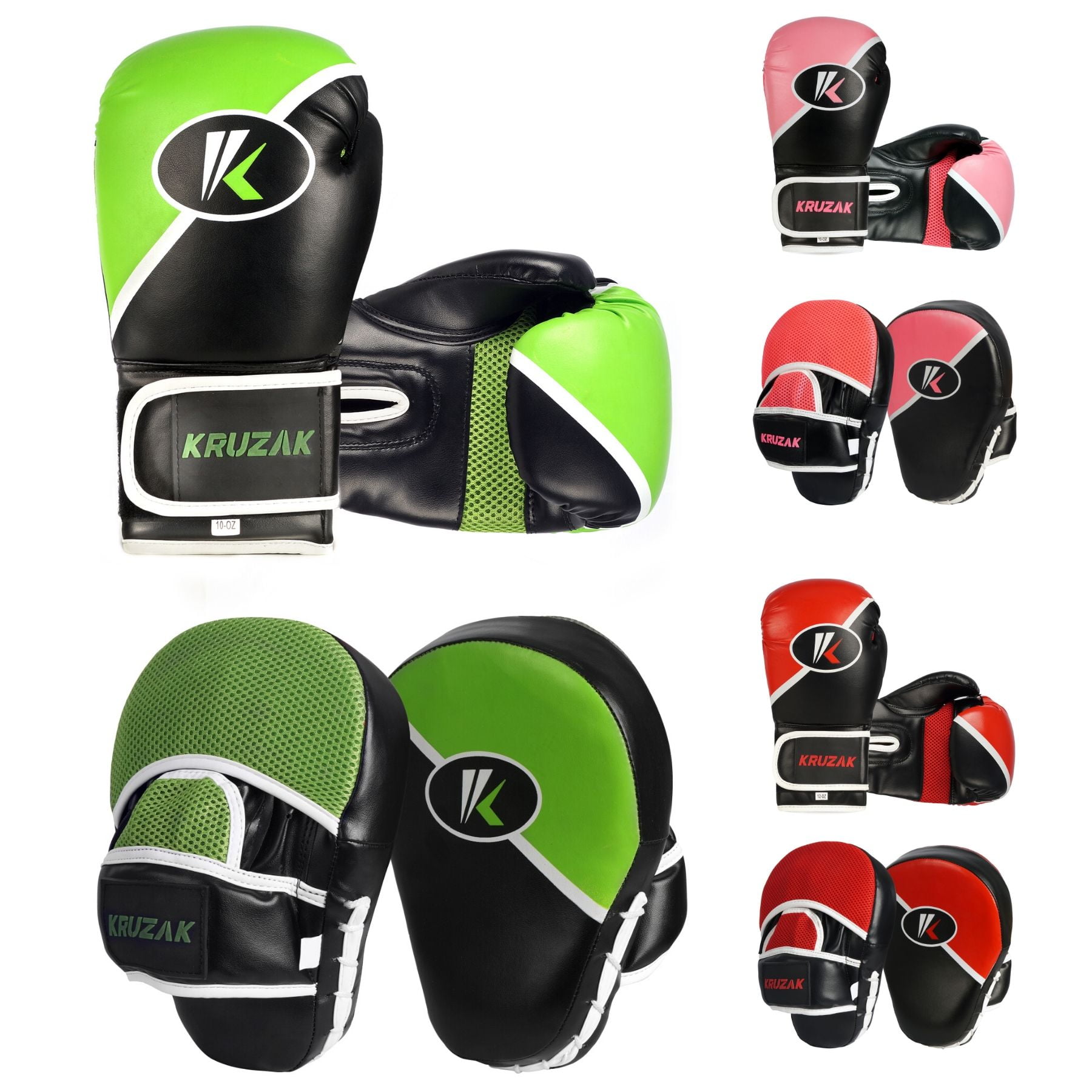 Kruzak Two-Tone Focus Mitts and Boxing Gloves Set for Kickboxing and Muay Thai MMA Training| Focus Pads + Training Gloves | Fitness Kit for Martial Arts and Karate (Black/Green, 12 oz)