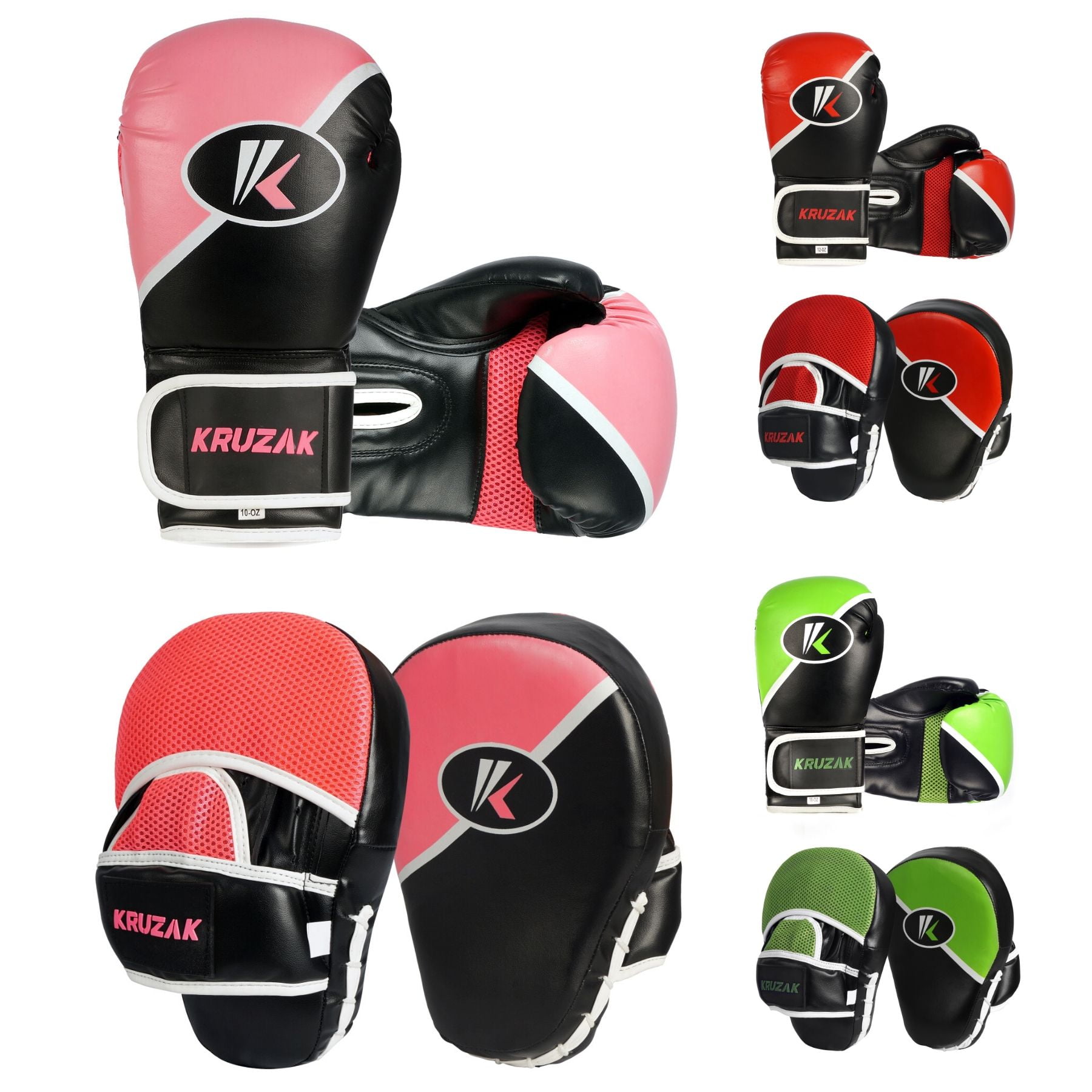 Kruzak Two-Tone Focus Mitts and Boxing Gloves Set for Kickboxing and Muay Thai MMA Training| Focus Pads + Training Gloves | Fitness Kit for Martial Arts and Karate (Black/Pink, 10 oz)