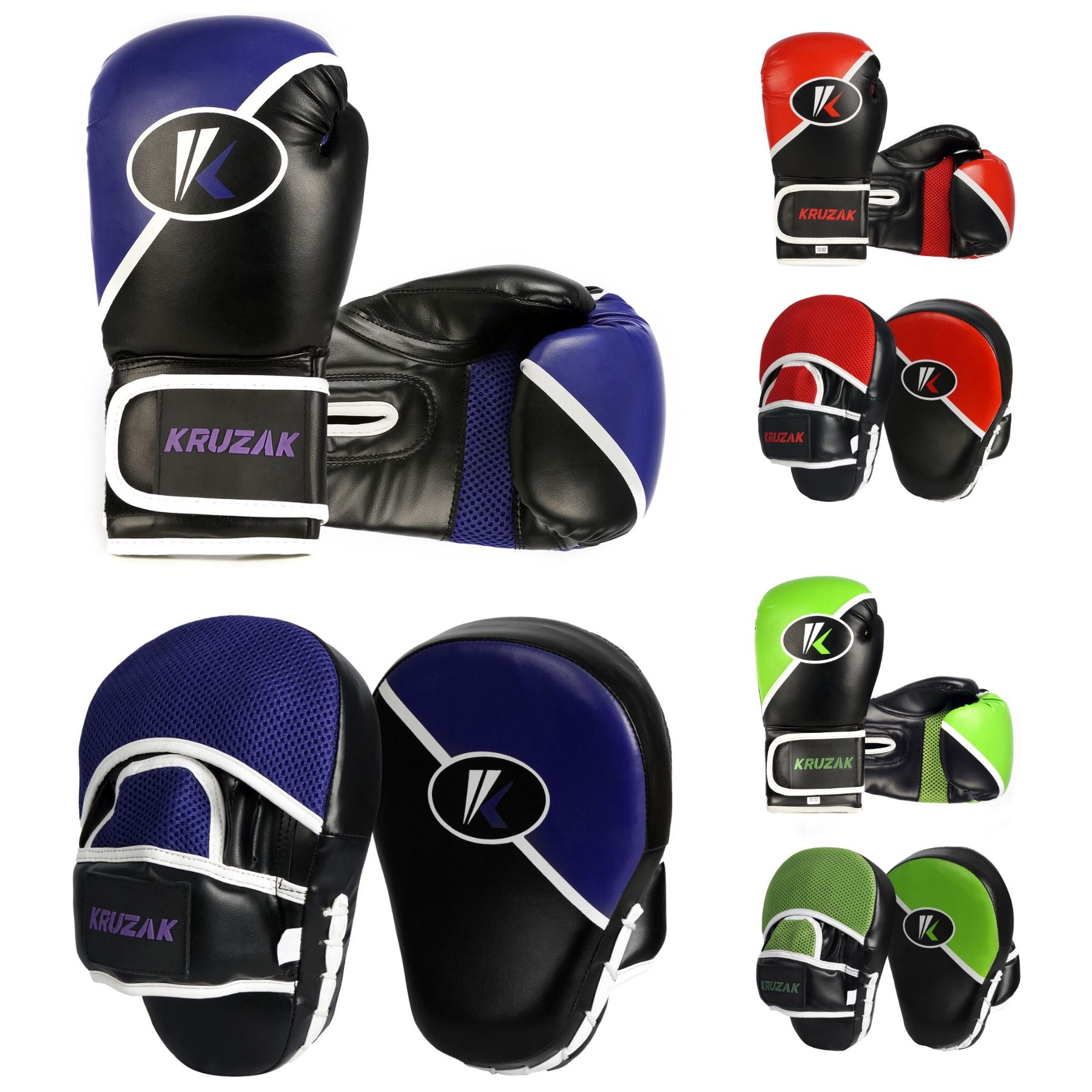 Kruzak Two-Tone Focus Mitts and Boxing Gloves Set for Kickboxing and Muay Thai MMA Training| Focus Pads + Training Gloves | Fitness Kit for Martial Arts and Karate (Black/Purple, 12 oz)