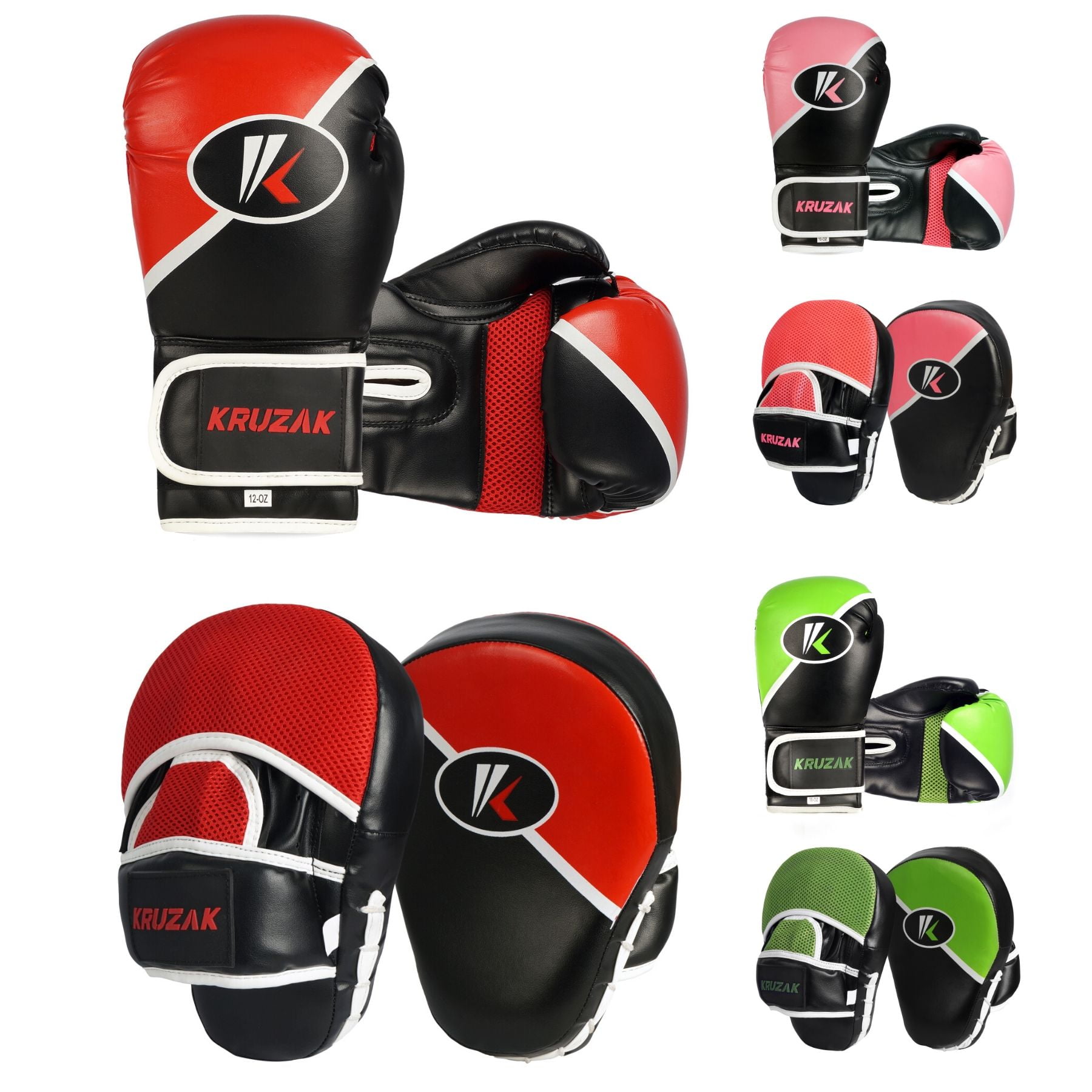 Kruzak Two-Tone Focus Mitts and Boxing Gloves Set for Kickboxing and Muay Thai MMA Training| Focus Pads + Training Gloves | Fitness Kit for Martial Arts and Karate (Black/Red, 10 oz)