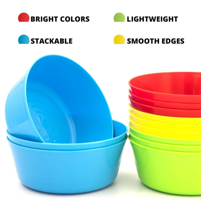 Kryllic Kids Bowls Plastic Bowls Set of 12 Plastic Cereal Bowls 10oz in 4 Colors Toddler Kid