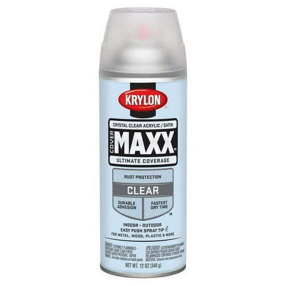 Krylon COVERMAXX Acrylic Crystal Clear Spray Paint, Satin, Clear, 12 oz.