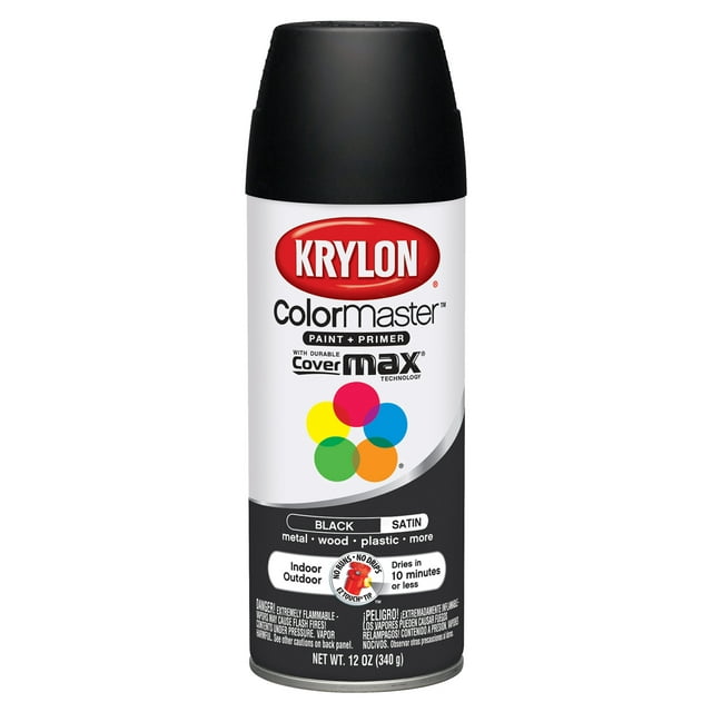 Krylon ColorMaster Paint + Primer Spray Paint, Satin, Black, 12 oz.