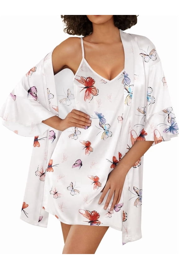 Sleeveless Nightgowns with Robes Set Satin Silk Bridal Party 3/4 Sleeves Bathrobes with Pocekts
