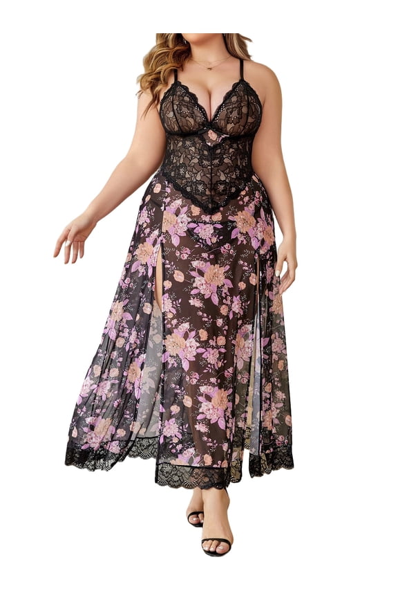 Women Plus Size Lingerie Long Lace Nighty Sexy Mesh Nightdress Side Split Nightgown Sleepwear
